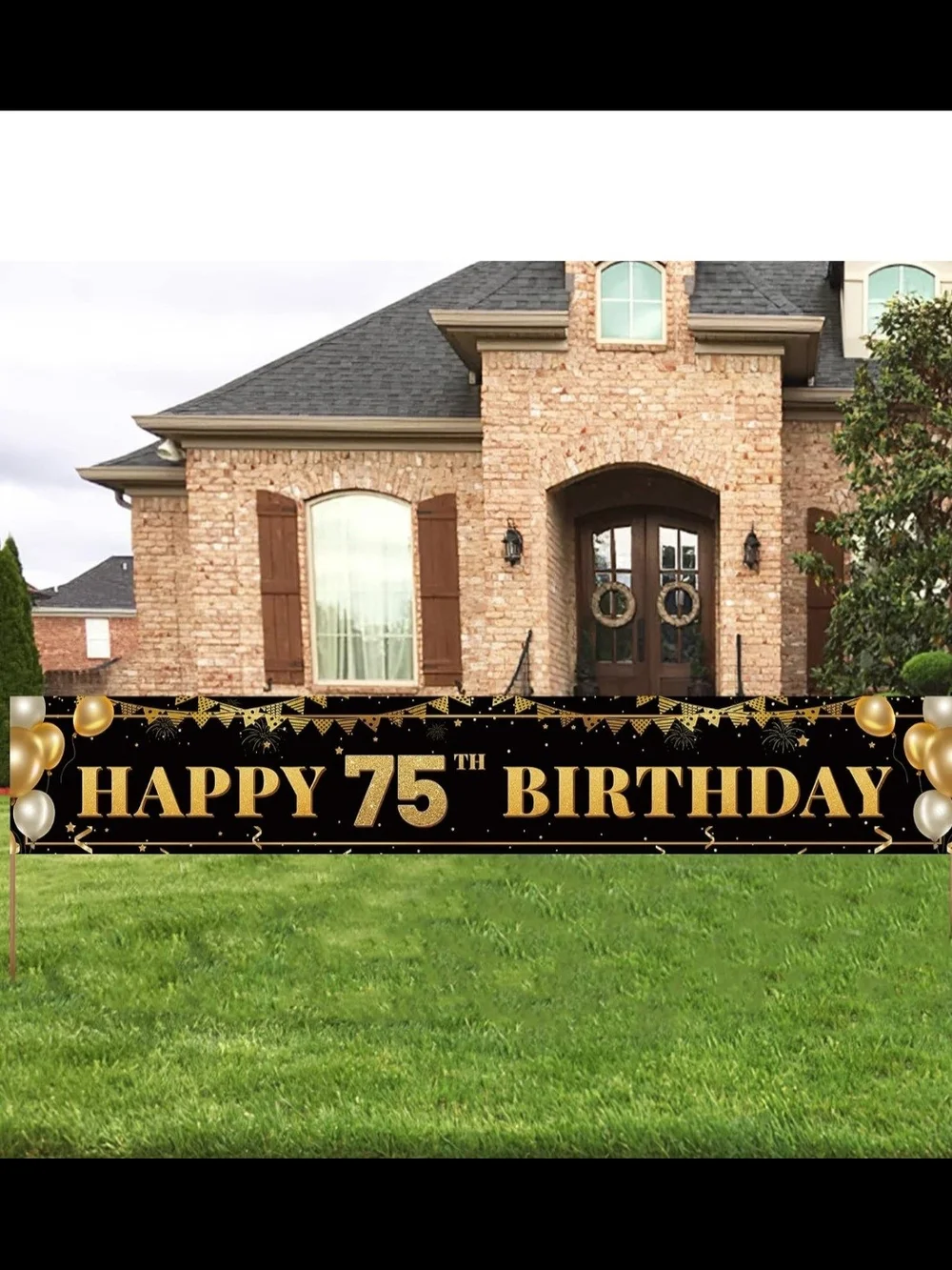 75th Birthday Banner - Black and Gold Happy 75th Birthday